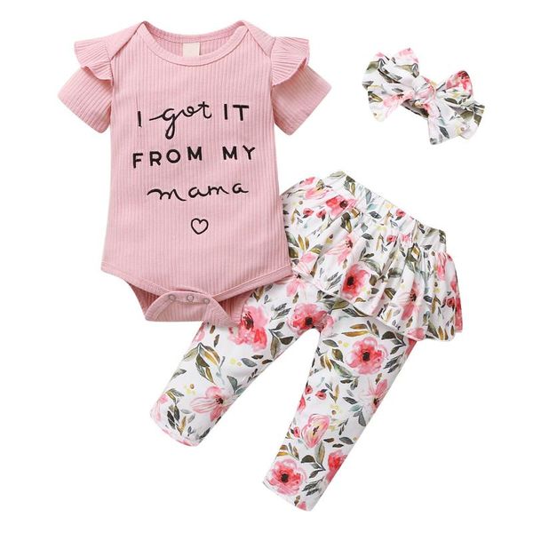 born girls short sleeve set, letter print crew neck romper flower printing long trousers and hairband clothing sets, White 
born girls short sleeve set, letter print crew neck romper flower printing long trousers and hairband clothing sets, White