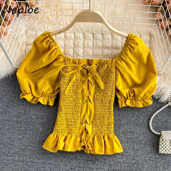 women's blouses & shirts neploe crop mujer ruffles slash neck women cross lace up pleated shirt summer korean sweet blusas female, White
women's blouses & shirts neploe crop mujer ruffles slash neck women cross lace up pleated shirt summer korean sweet blusas female, White