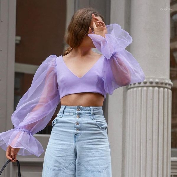 women puff sleeve v-neck short blouse streetwear light purple blouses women's & shirts, White
women puff sleeve v-neck short blouse streetwear light purple blouses women's & shirts, White