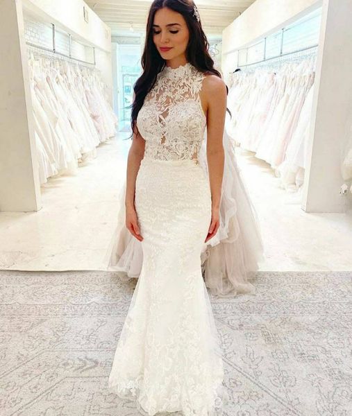 halter neck lace mermaid wedding dress bridal gowns appliqued floor length tulle bride dresses plus size, White
halter neck lace mermaid wedding dress bridal gowns appliqued floor length tulle bride dresses plus size, White