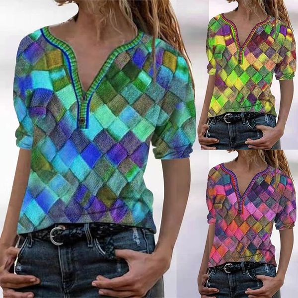 women's t-shirt abstract plaid printing v-neck slim short sleeve summer casual loose plus size vintage fashion women tee, White
women's t-shirt abstract plaid printing v-neck slim short sleeve summer casual loose plus size vintage fashion women tee, White