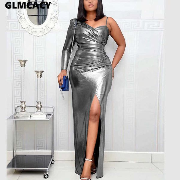 women one shoulder high slit maxi dress metallic bodycon long dress evening club party vestidos 210702, Black;gray
women one shoulder high slit maxi dress metallic bodycon long dress evening club party vestidos 210702, Black;gray