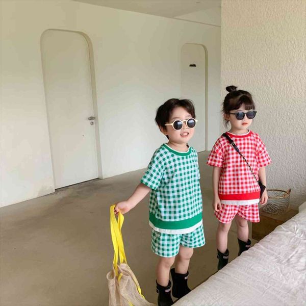 summer kids clothing set brother and sister suits plaid tee loose shorts boys, White