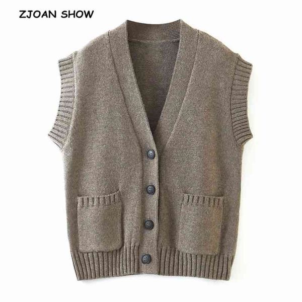 autumn vintage khaki sleeveless knitted cardigan women korean clothing loose pocket v neck sweater vest boyfriend style knitwear 210429, White;black
autumn vintage khaki sleeveless knitted cardigan women korean clothing loose pocket v neck sweater vest boyfriend style knitwear 210429, White;black