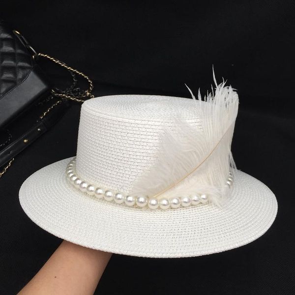 stingy brim hats spring summer the french style straw hat with pearl and feather for women flat beach, Blue;gray
stingy brim hats spring summer the french style straw hat with pearl and feather for women flat beach, Blue;gray