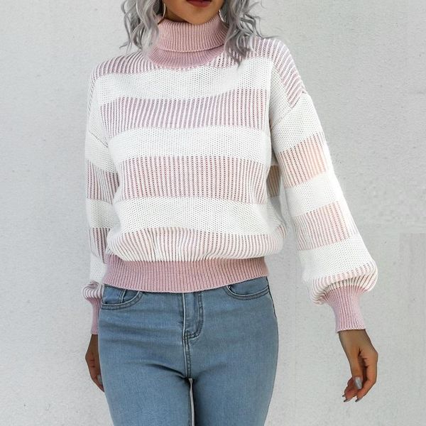women's sweaters women knitted striped sweater pullovers 2021 winter hollow lantern long-sleeve turtleneck woman casual knitwear, White;black
women's sweaters women knitted striped sweater pullovers 2021 winter hollow lantern long-sleeve turtleneck woman casual knitwear, White;black