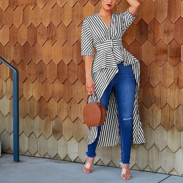 women's blouses & shirts droppshiping women half sleeve striped asymmetric high low hem maxi long shirt for summer d88, White