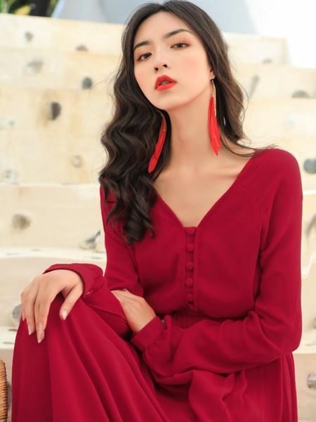casual dresses spring and winter dress v neck floor length vintage red high waist pleated elegant women irregular hem, Black;gray
casual dresses spring and winter dress v neck floor length vintage red high waist pleated elegant women irregular hem, Black;gray