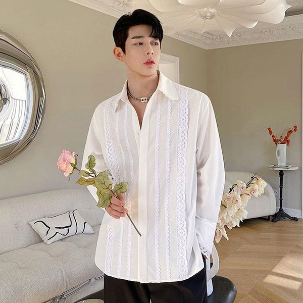 men's casual shirts lace splice vintage fashion loose long sleeve white dress korean show shirt for man, White;black
men's casual shirts lace splice vintage fashion loose long sleeve white dress korean show shirt for man, White;black