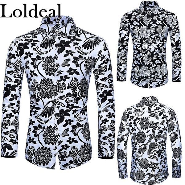 men's casual shirts loldeal summer flower print long sleeve cotton shirt, White;black 
men's casual shirts loldeal summer flower print long sleeve cotton shirt, White;black