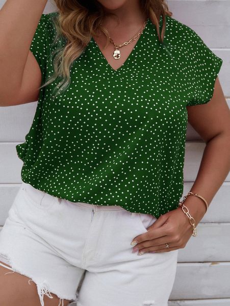 plus polka dot v-neck blouse 06mq#, Black 
plus polka dot v-neck blouse 06mq#, Black