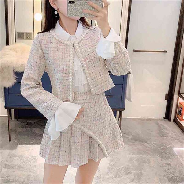 two piece dress zawfl women's autumn suit, three piece set, gauze shirt, pearl bead tweed jacket and wool skirt, 2021, White
two piece dress zawfl women's autumn suit, three piece set, gauze shirt, pearl bead tweed jacket and wool skirt, 2021, White