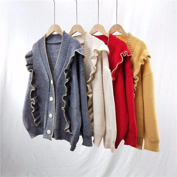 women's knits & tees v-neck long-sleeved knitted cardigan sweater female ruffled loose stitching solid color single-breasted women spri, White
women's knits & tees v-neck long-sleeved knitted cardigan sweater female ruffled loose stitching solid color single-breasted women spri, White