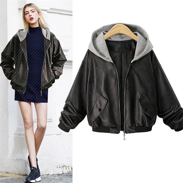 women's autumn and winter clothes new large size thin foreign style hooded leather versatile jacket, Black
women's autumn and winter clothes new large size thin foreign style hooded leather versatile jacket, Black