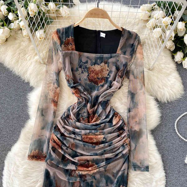 vintage female dress elegant floral print square collar long sleeves mesh stitching folds slim side split dresses, Black;gray
vintage female dress elegant floral print square collar long sleeves mesh stitching folds slim side split dresses, Black;gray