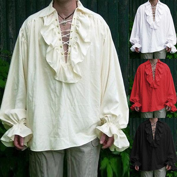 men's dress shirts medieval men retro pirate costume gothic vintage ruffle sleeve bandage knight cosplay halloween party shirt clothes, White;black
men's dress shirts medieval men retro pirate costume gothic vintage ruffle sleeve bandage knight cosplay halloween party shirt clothes, White;black