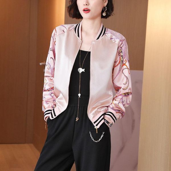 heavyweight satin jacket 2021 spring autumn women's real silk casual long sleeve print contrast baseball jackets, Black;brown
heavyweight satin jacket 2021 spring autumn women's real silk casual long sleeve print contrast baseball jackets, Black;brown