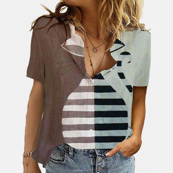 women's t-shirt women t shirt casual plus size turn down collar stripe printed 2021 loose button tunic summer camisetas de mujer, White
women's t-shirt women t shirt casual plus size turn down collar stripe printed 2021 loose button tunic summer camisetas de mujer, White
