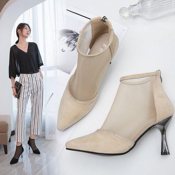 boots spring autumn mesh ankle women pointed toe stiletto heels fashion zip ladies party shoes size 34-40, Black