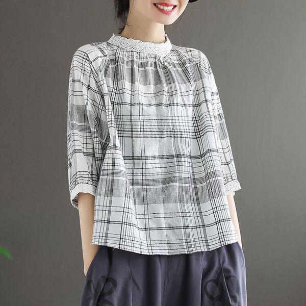 t shirts summer arts style women half sleeve loose t-shirt cotton linen plaid vintage tee shirt lace stand collar femme s795 1lg9, White
t shirts summer arts style women half sleeve loose t-shirt cotton linen plaid vintage tee shirt lace stand collar femme s795 1lg9, White