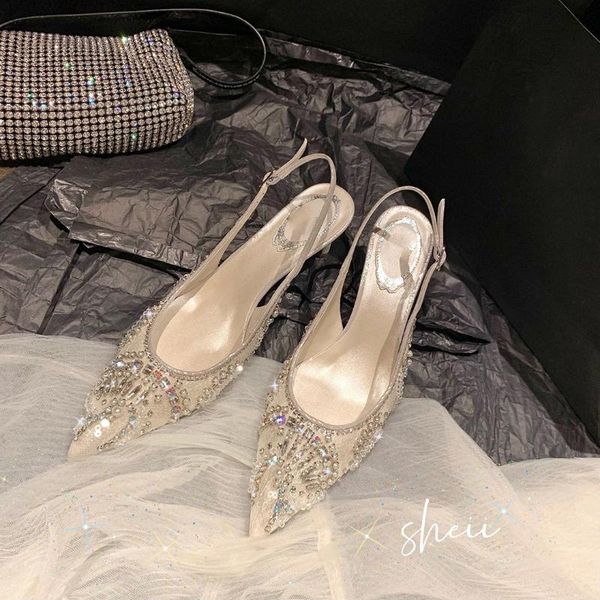sandals fericzot elegant pointed toe for women bridal shoes high heel drop fine crystals, Black