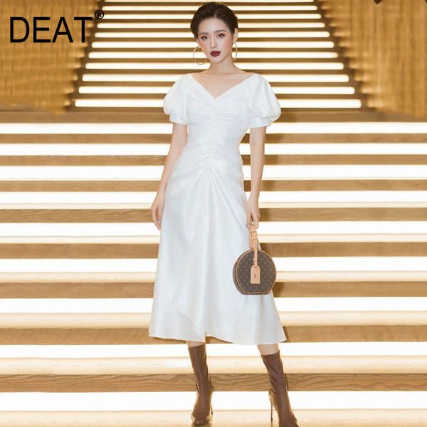 deat women white asymmetrical split fork folds dress new v-neck short puff sleeve slim fit fashion tide summer 7e0053 210428, Black;gray 
deat women white asymmetrical split fork folds dress new v-neck short puff sleeve slim fit fashion tide summer 7e0053 210428, Black;gray