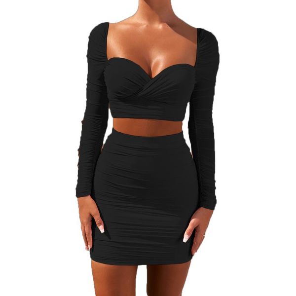 work dresses spring autumn women two piece outfits draped v-neck long sleeve crop +high waist skirt set for party club, White;black
work dresses spring autumn women two piece outfits draped v-neck long sleeve crop +high waist skirt set for party club, White;black