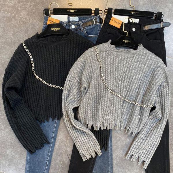women's sweaters prepomp 2021 fall winter women fashion round neck long sleeve chain decoration ragged edge twist loose knitted sweater, White;black
women's sweaters prepomp 2021 fall winter women fashion round neck long sleeve chain decoration ragged edge twist loose knitted sweater, White;black