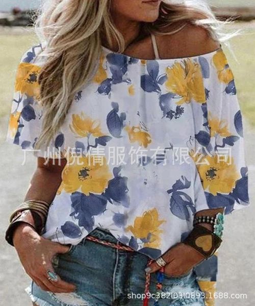 women's t-shirt 2021 summer short sleeve floral print, White 
women's t-shirt 2021 summer short sleeve floral print, White