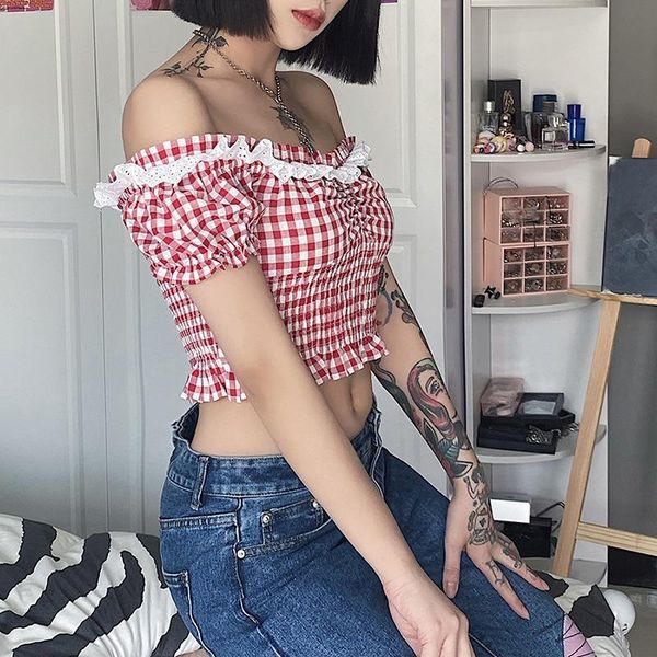 women's t-shirt red plaid print ruched crop 2021 summer cute streetwear puff sleeve ruffles t-shirts kawaii square neck tees, White
women's t-shirt red plaid print ruched crop 2021 summer cute streetwear puff sleeve ruffles t-shirts kawaii square neck tees, White