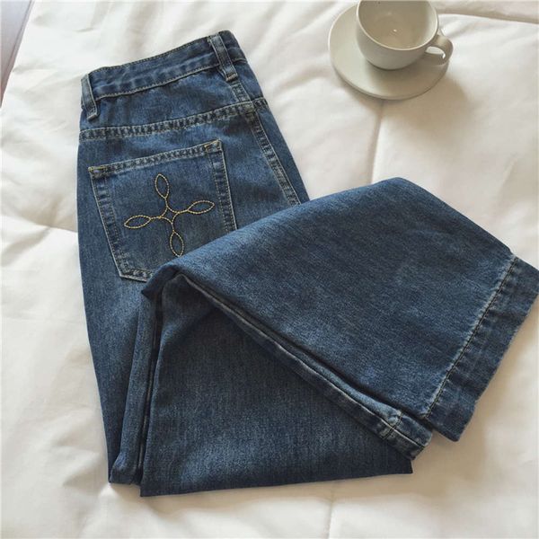 autumn modern girls pocket embroidery tube micro wide leg women's casual pants, Blue