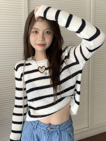 women's sweaters striped knitted sweater wear in spring and autumn with bottoming shirt 2021 pure style short top, White;black
women's sweaters striped knitted sweater wear in spring and autumn with bottoming shirt 2021 pure style short top, White;black