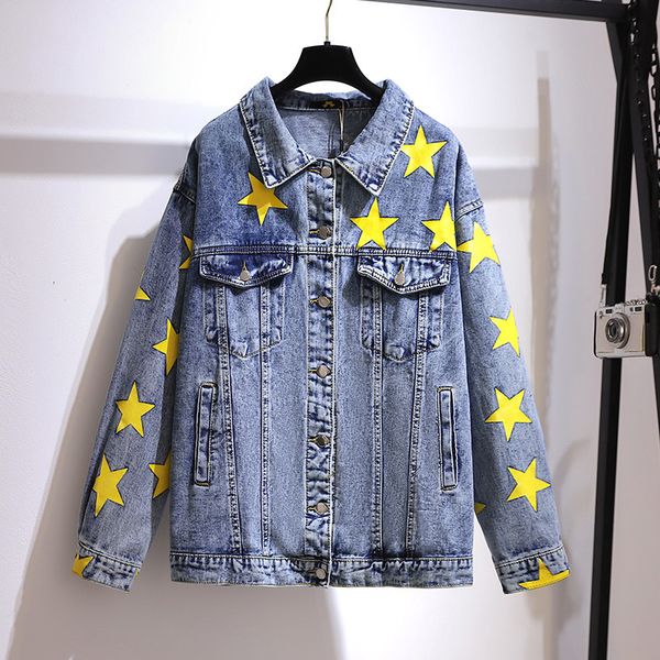 spring female turn down collar single breasted plus size panelled star print denim jacket cardigan coat 16w301 210510, Black;brown
spring female turn down collar single breasted plus size panelled star print denim jacket cardigan coat 16w301 210510, Black;brown