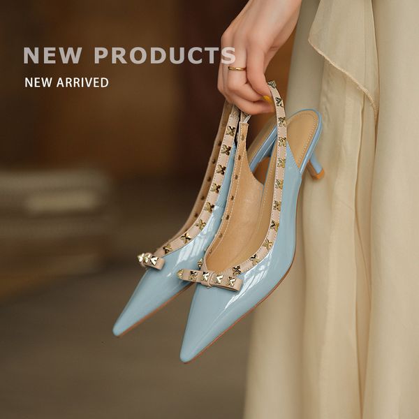 luxury dress shoes chic riveted patent leather back empty sandals french pointed baotou kitten heel women's sho blue bow versatile high, Black
luxury dress shoes chic riveted patent leather back empty sandals french pointed baotou kitten heel women's sho blue bow versatile high, Black