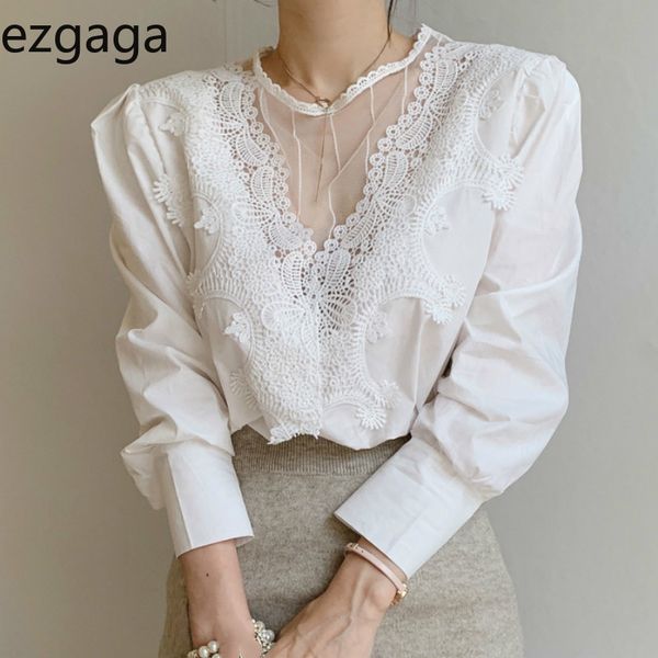 ezgaga french style chic shirts women hollow out v-neck lace patchwork autumn white office lady elegant 210430
ezgaga french style chic shirts women hollow out v-neck lace patchwork autumn white office lady elegant 210430