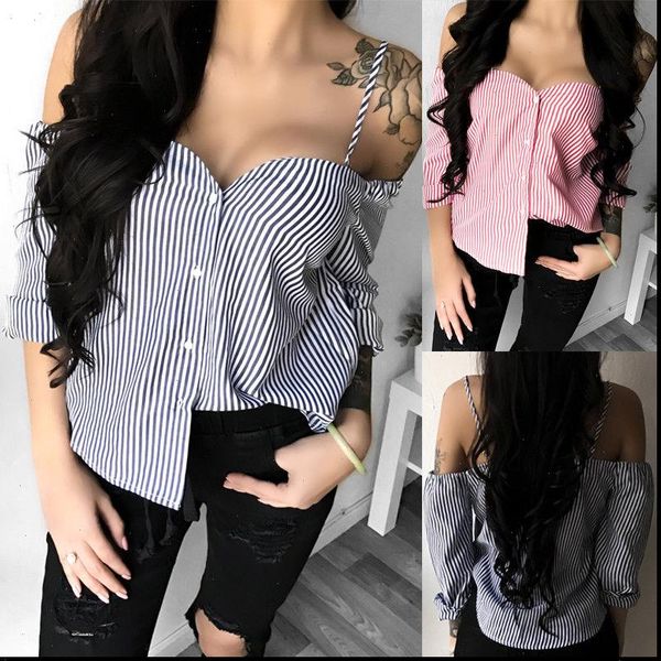 stripe autumn long sleeved womens shirt fashion off shoulder button blouses strapless slash neck clothes, White
stripe autumn long sleeved womens shirt fashion off shoulder button blouses strapless slash neck clothes, White