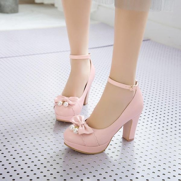 dress shoes summer 2021 ladies heels platform cute bow lace princess mary jane lolita party high heel buckle women pumps, Black