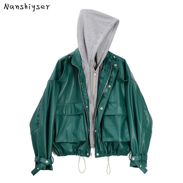 women's leather & faux korean hooded patchwork women pu coats zipper pockets drawstring female motorcycle jacket autumn streetwear, Black
women's leather & faux korean hooded patchwork women pu coats zipper pockets drawstring female motorcycle jacket autumn streetwear, Black