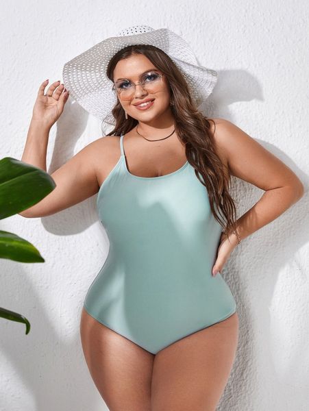 plus solid tie back one piece swimsuit 23zs#, Black
plus solid tie back one piece swimsuit 23zs#, Black