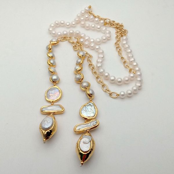 yygem natural multi shape freshwater pearls gold plated sweater chain long necklace for women 52'', Silver
yygem natural multi shape freshwater pearls gold plated sweater chain long necklace for women 52'', Silver