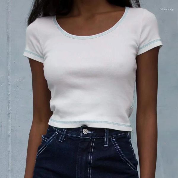 women o neck contrast stitching crop t-shirt cotton fit, White 
women o neck contrast stitching crop t-shirt cotton fit, White