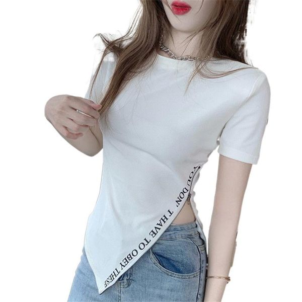 women's t-shirt irregular short-sleeved zipper fashion tight-fitting slimming personalized t-shirts, White
women's t-shirt irregular short-sleeved zipper fashion tight-fitting slimming personalized t-shirts, White