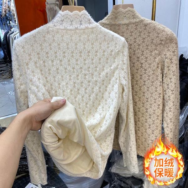 women's t-shirt elegant vintage women plus velvet thick lace half-high collar long-sleeved bottoming t shirt, White
women's t-shirt elegant vintage women plus velvet thick lace half-high collar long-sleeved bottoming t shirt, White
