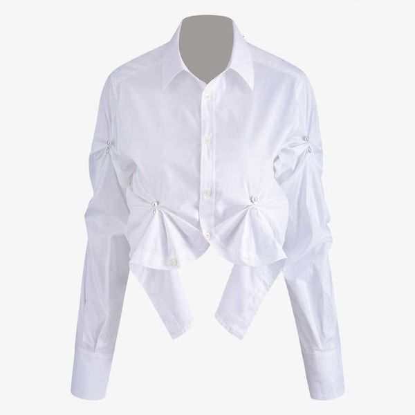 women's blouses & shirts polo style single breasted pearl buckle attached decoration long sleeve female short shirt s1105 b92a, White
women's blouses & shirts polo style single breasted pearl buckle attached decoration long sleeve female short shirt s1105 b92a, White
