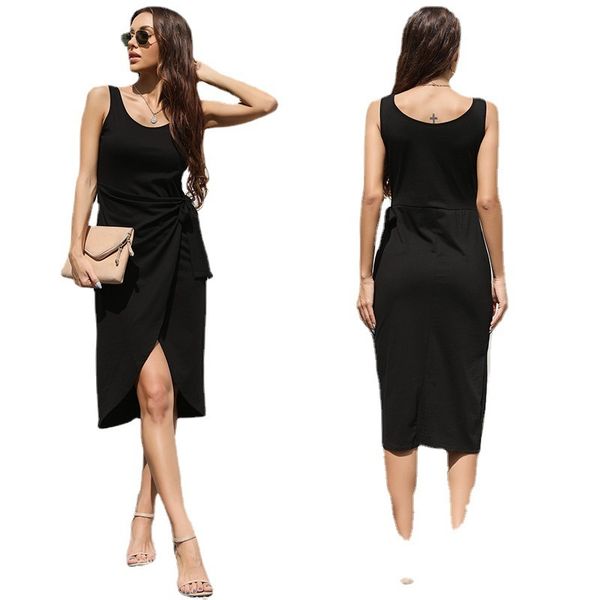 women's dresses 2021 summer casual solid lace up irregular sleeveless round ne for women, Black;gray 
women's dresses 2021 summer casual solid lace up irregular sleeveless round ne for women, Black;gray