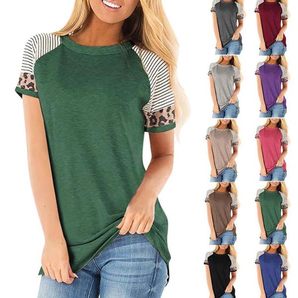 women's t-shirt round collar stripe leopard short sleeve summer casual tee women 10 colors, White
women's t-shirt round collar stripe leopard short sleeve summer casual tee women 10 colors, White