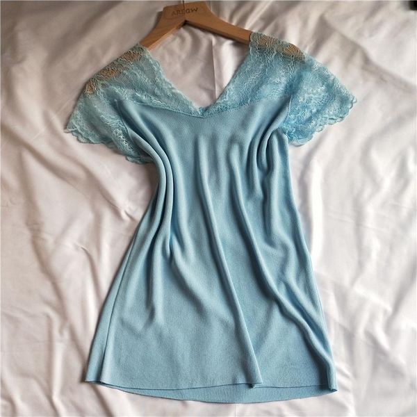 women's t-shirt 2021 summer clothes knit short sleeve lace tshirt v neck solid color fashion women clothing y2k top, White
women's t-shirt 2021 summer clothes knit short sleeve lace tshirt v neck solid color fashion women clothing y2k top, White