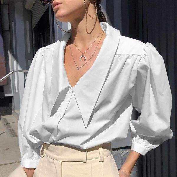 women's blouses & shirts women shirt casual peter pan collar three quarter lantern sleeve single breasted female elegant solid sof, White
women's blouses & shirts women shirt casual peter pan collar three quarter lantern sleeve single breasted female elegant solid sof, White