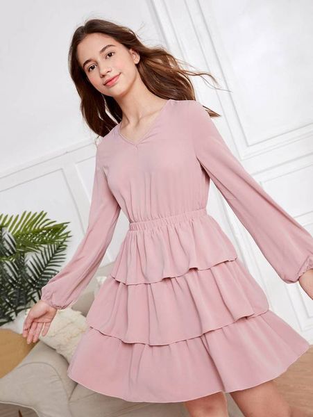 teen girls lantern sleeve layered ruffle hem dress she, Red;yellow 
teen girls lantern sleeve layered ruffle hem dress she, Red;yellow