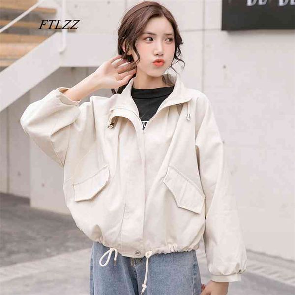 spring autumn women bat sleeved short jackets stand collar casual zipper loose coat female big pocket sash tie up outwear 210430, Black;brown
spring autumn women bat sleeved short jackets stand collar casual zipper loose coat female big pocket sash tie up outwear 210430, Black;brown